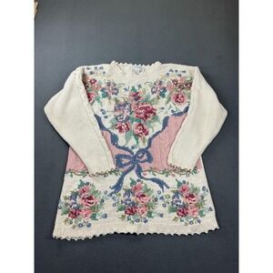 Vintage Casual Corner Sweater Womens Medium White Silk Floral Bow‎ Tunic 90s